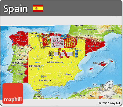 Flag 3D Map of Spain, physical outside, flag aligned to the middle