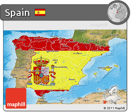 Flag 3D Map of Spain, satellite outside, bathymetry sea, flag centered