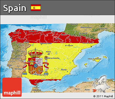 Flag 3D Map of Spain, satellite outside, bathymetry sea, flag centered
