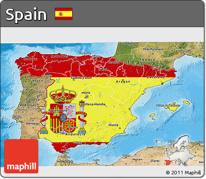 Flag 3D Map of Spain, satellite outside, bathymetry sea, flag centered