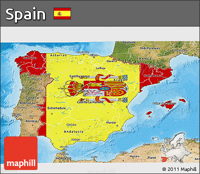Flag 3D Map of Spain, satellite outside, bathymetry sea, flag rotated