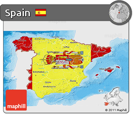 Flag 3D Map of Spain, single color outside, bathymetry sea, shaded relief sea, flag rotated