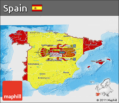 Flag 3D Map of Spain, single color outside, bathymetry sea, shaded relief sea, flag rotated