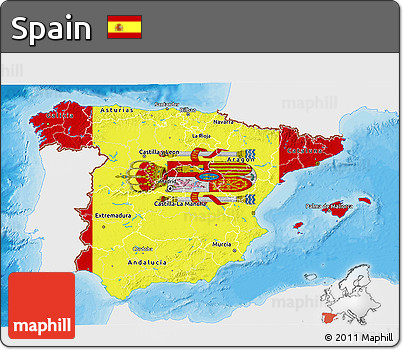 Flag 3D Map of Spain, single color outside, bathymetry sea, shaded relief sea, flag rotated