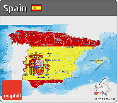 Flag 3D Map of Spain, single color outside, bathymetry sea, shaded relief sea