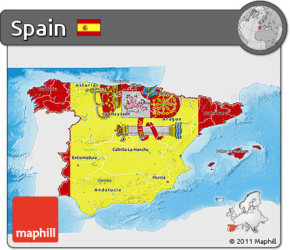 Flag 3D Map of Spain, single color outside, shaded relief sea, flag aligned to the middle