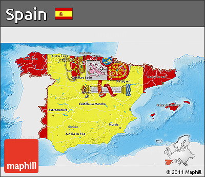 Flag 3D Map of Spain, single color outside, shaded relief sea, flag aligned to the middle
