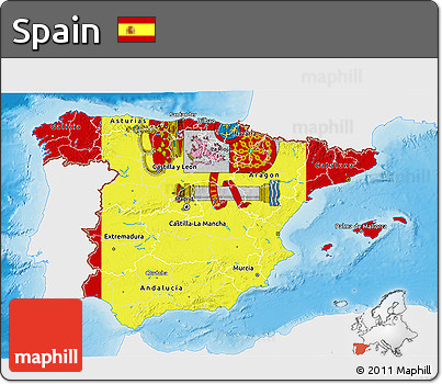 Flag 3D Map of Spain, single color outside, shaded relief sea, flag aligned to the middle