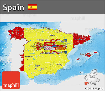 Flag 3D Map of Spain, single color outside, shaded relief sea, flag rotated