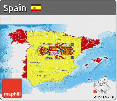 Flag 3D Map of Spain, single color outside, shaded relief sea, flag rotated