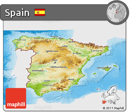 Physical 3D Map of Spain, single color outside