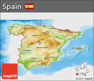 Physical 3D Map of Spain, single color outside