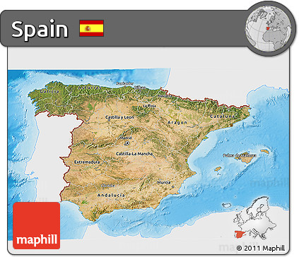 Satellite 3D Map of Spain, single color outside, shaded relief sea