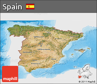 Satellite 3D Map of Spain, single color outside, shaded relief sea