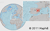 Gray Location Map of Teruel, within the entire country, hill shading