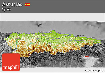 Physical 3D Map of Asturias, darken, desaturated