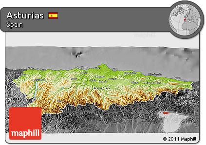 Physical 3D Map of Asturias, darken, desaturated