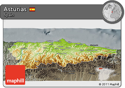 Physical 3D Map of Asturias, darken, semi-desaturated