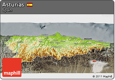 Physical 3D Map of Asturias, darken, semi-desaturated