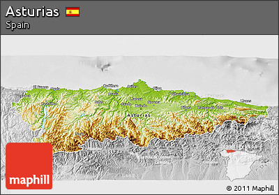 Physical 3D Map of Asturias, lighten, desaturated