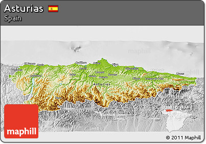 Physical 3D Map of Asturias, lighten, desaturated