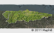Satellite 3D Map of Asturias, darken, semi-desaturated