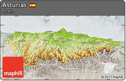 Physical Map of Asturias, lighten, semi-desaturated