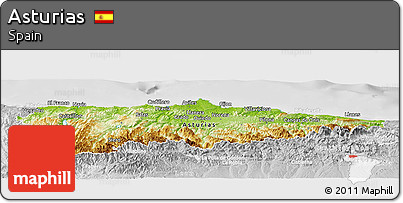 Physical Panoramic Map of Asturias, lighten, desaturated