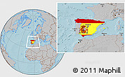 Flag Location Map of Spain, gray outside, hill shading outside