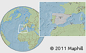 Gray Location Map of Spain, savanna style outside, hill shading