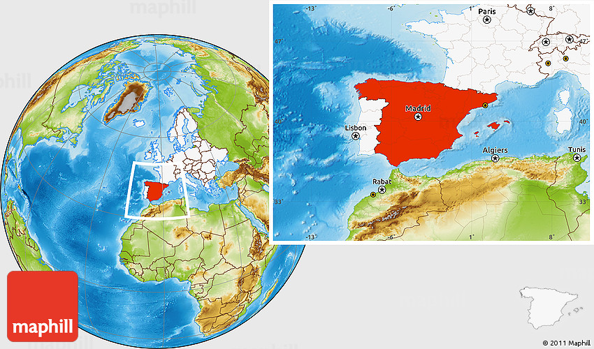 Physical Location Map of Spain, highlighted continent