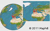 Satellite Location Map of Spain, within the entire continent