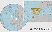 Satellite Location Map of Spain, gray outside, hill shading