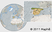 Satellite Location Map of Spain, lighten, semi-desaturated