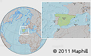 Savanna Style Location Map of Spain, gray outside, hill shading outside