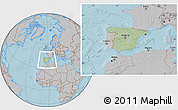 Savanna Style Location Map of Spain, gray outside, hill shading