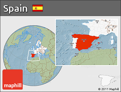 Savanna Style Location Map of Spain, highlighted continent, hill shading