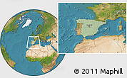 Savanna Style Location Map of Spain, satellite outside, hill shading