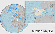 Shaded Relief Location Map of Spain, gray outside, hill shading
