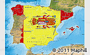 Flag Map of Spain, satellite outside, bathymetry sea, flag rotated