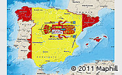 Flag Map of Spain, shaded relief outside, bathymetry sea, flag rotated