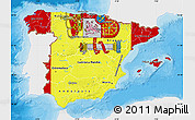 Flag Map of Spain, single color outside, bathymetry sea, shaded relief sea, flag aligned to the middle