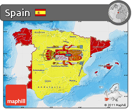 Flag Map of Spain, single color outside, bathymetry sea, shaded relief sea, flag rotated