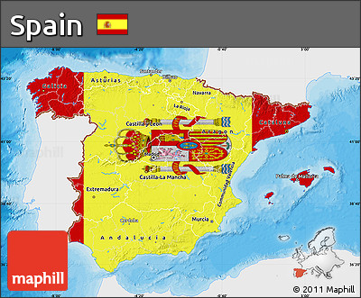 Flag Map of Spain, single color outside, bathymetry sea, shaded relief sea, flag rotated