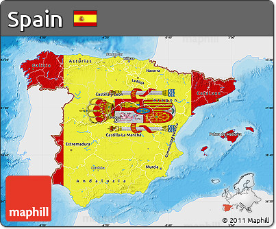 Flag Map of Spain, single color outside, bathymetry sea, shaded relief sea, flag rotated