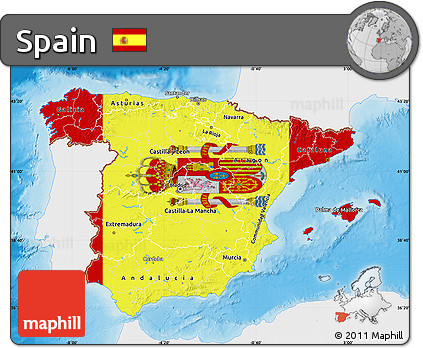 Flag Map of Spain, single color outside, shaded relief sea, flag rotated