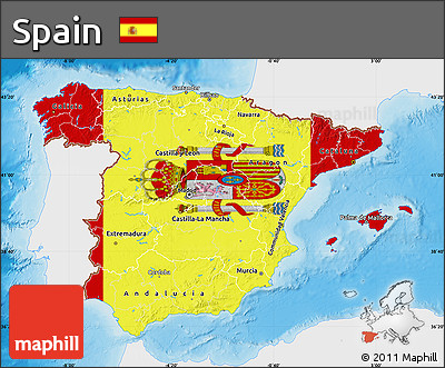 Flag Map of Spain, single color outside, shaded relief sea, flag rotated