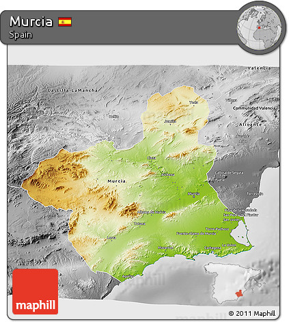 Physical 3D Map of Murcia, desaturated