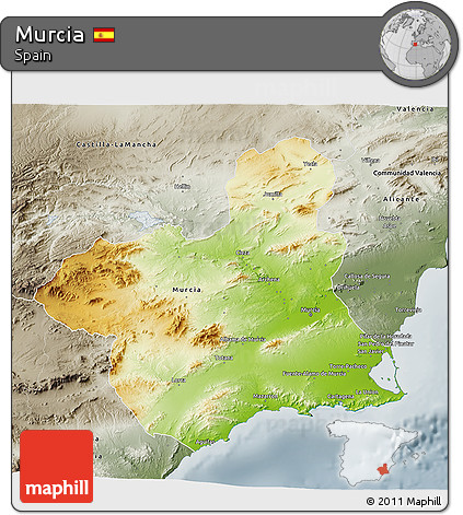 Physical 3D Map of Murcia, semi-desaturated