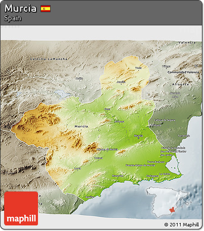 Physical 3D Map of Murcia, semi-desaturated